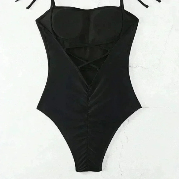 Black Vacation Style Women's Swim Summer Beach Solid Color One-Piece Swimsuit - Picture 4 of 5